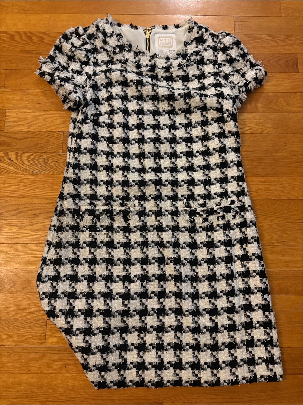 Sail to Sable Black and White Houndstooth Tweed Shift Dress